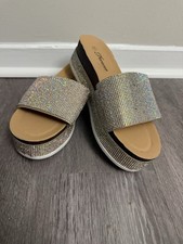 Forever Silver Rhinestone Platform Wedge Slide Sandals Slip-On Synthetic