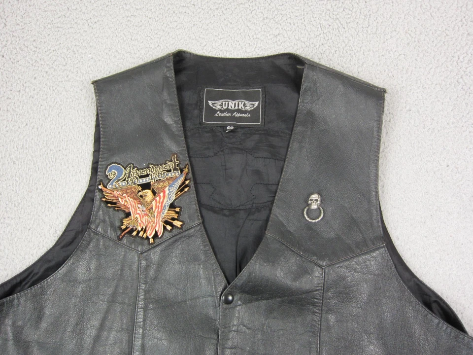 Vintage UNIK Vest Mens 60 5XL Black Leather Biker Motorcycle 2nd Amendment Eagle - Image 2 of 4