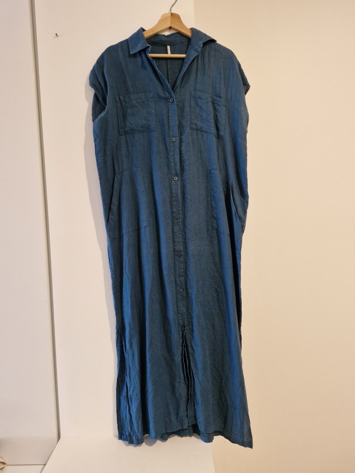 Seaside Tones Womens Size M Maxi Shirt Dress 100% Linen Teal Blue Pockets