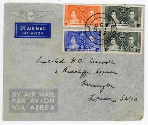 1937 Malaya SS Coronation first day cover from Singapore to London