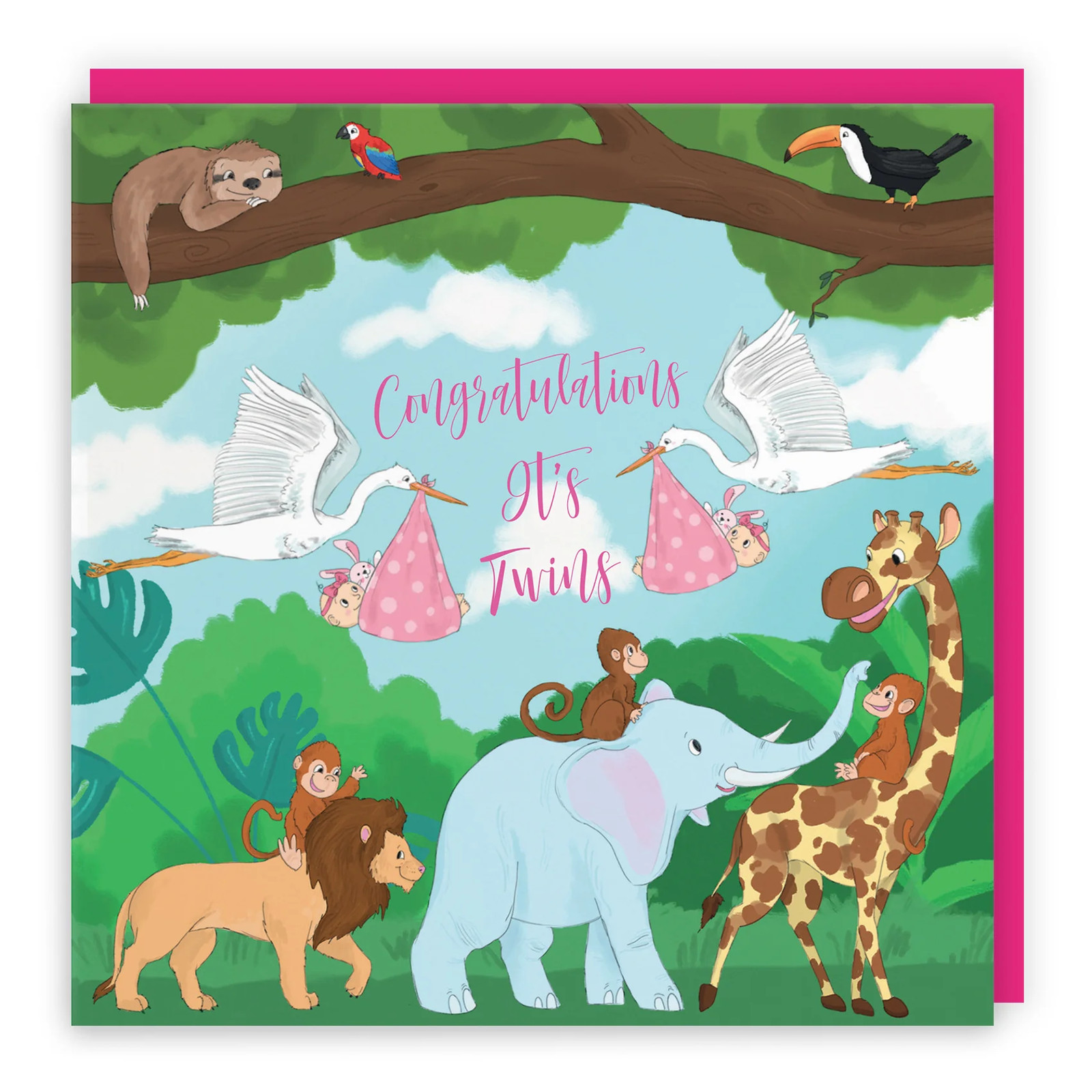New Baby Girl Twins Congratulations Card Stork Jungle
