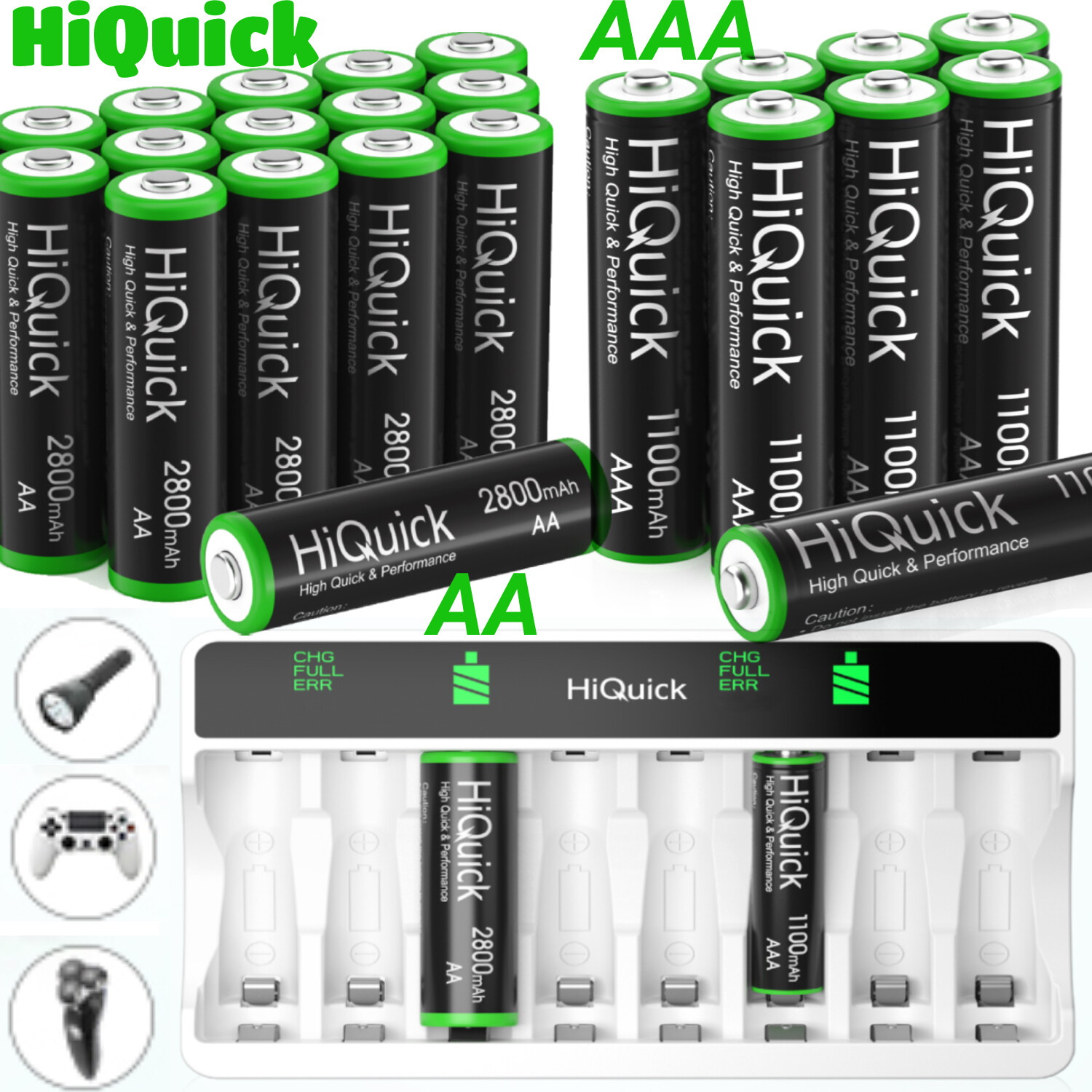 HiQuick NIMH Rechargeable AA AAA Batteries / 8 Solt AA AAA Battery Charger lot-image