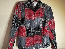 Molly & Max Jacket Medium  Red Black Rayon Full Zip Shoulder Pad Tapestry T14