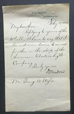 1883 William Windom Senator Signed Letter Sec. of the Treasury GE Thomas Edison
