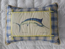 Betsy Drake Blue Marlin Fish Plaid Indoor Outdoor Throw Pillow 21" x 16"