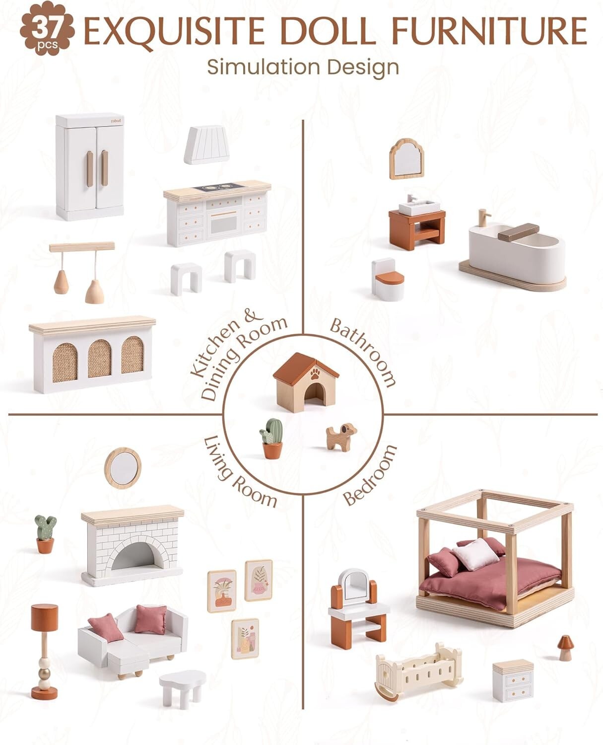 Robud 3-Story Bohemian Style Dollhouse with 37 pcs Furniture Wooden Dolls House