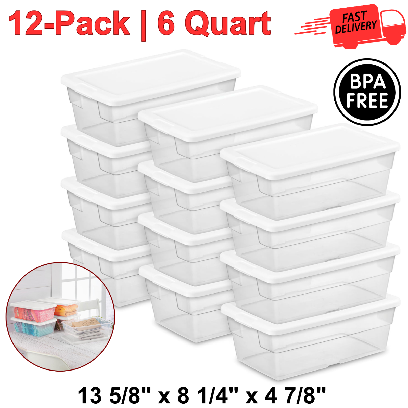 12-Pack 6Qt Clear Stackable Storage Bins with Snap-On Lids