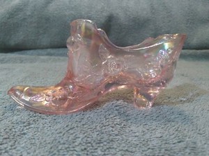Fenton Glass Slipper Iridescent Pink Rose Pattern Cabbage Rose