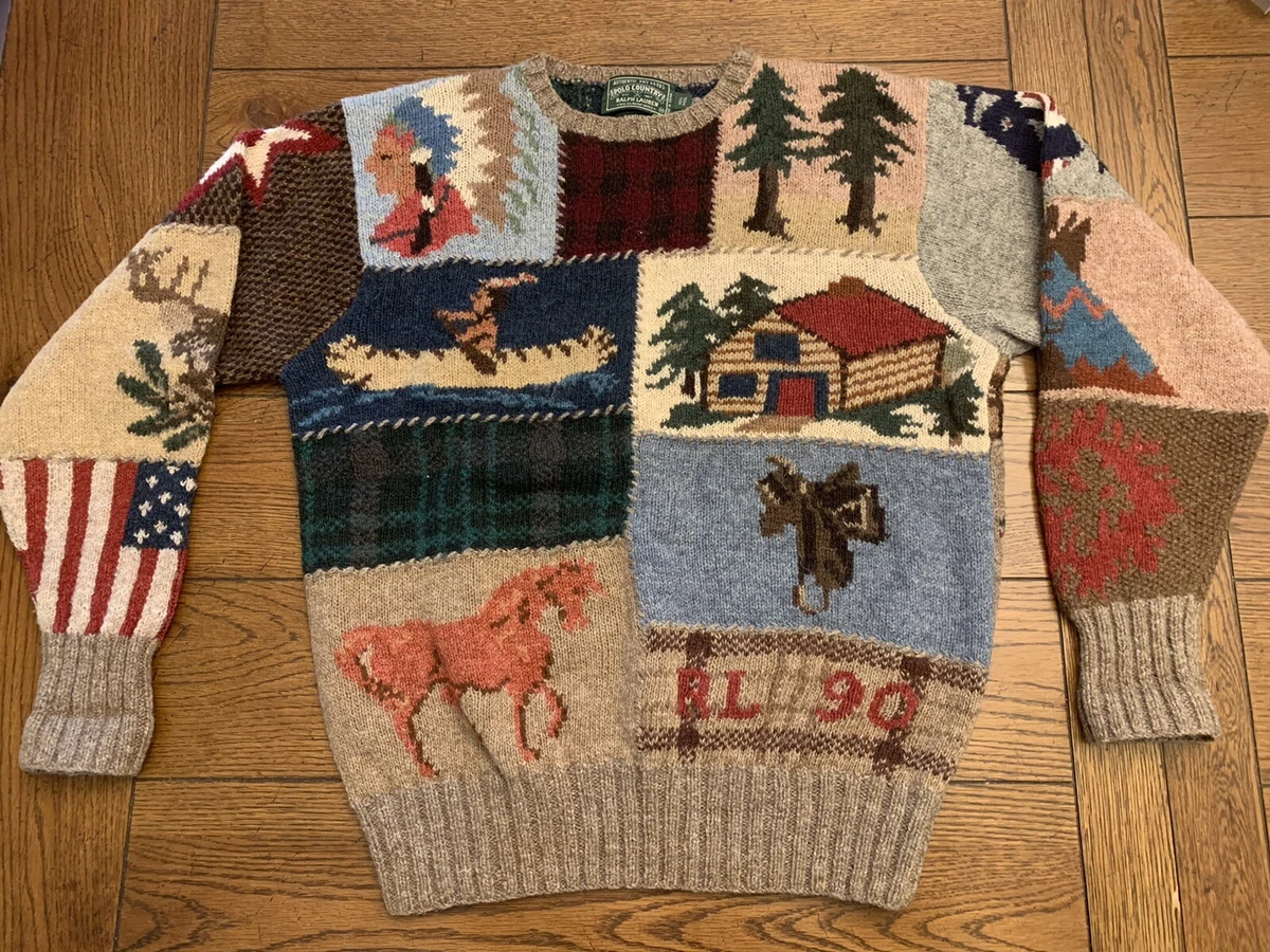 90s Ralph Lauren Polo Country Patchwork Navajo Indian Chief Knit Sweater RL90