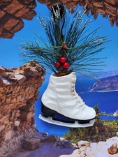 White Resin Retro Ice Skate Christmas  Ornament greenery pine cones