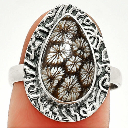 Natural Flower Fossil Coral 925 Sterling Silver Ring s.8 Jewelry R-1649 - Picture 1 of 5