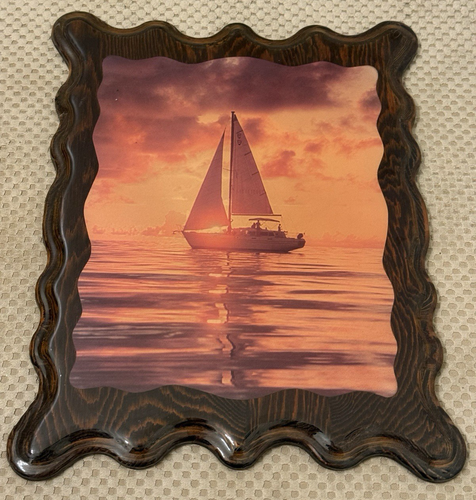Sailing Boat Sunset Print On Laminated Wood Slab Epoxy Finish 13" H X 10.25" Lon - Picture 4 of 6