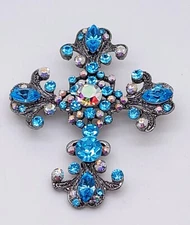P001 Religious Cross Pendant Necklace Sparkle & blue Crystal Rhinestones Brooch