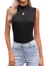 Women Sleeveless Turtleneck Tank Tops Stretch Ribbed Knit Fitted Casual T-Shirt