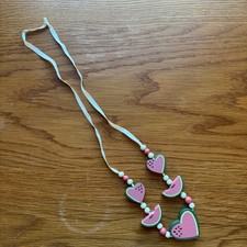 Handmade Wooden Heart Watermelon Beaded Necklace Girls Pink Green