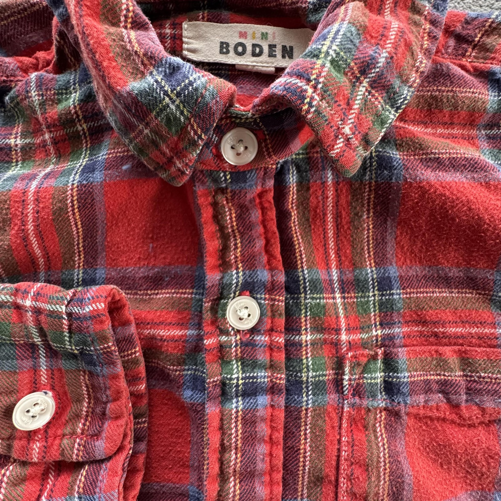 Mini Boden Shirt Boys 5-6Y Red Tartan Plaid Flannel Button Front Top Cotton