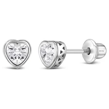 CZ Birthstone Heart Baby / Toddler / Kids Earrings Screw Back - Sterling Silver