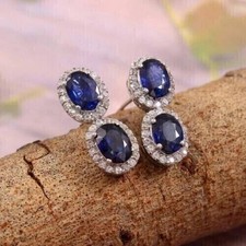 Lab Created Sapphire 3Ct Oval Cut Halo Drop Dangle Earrings 14K White GoldPlated
