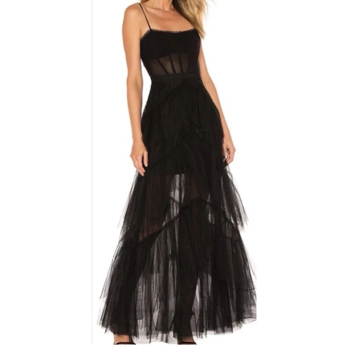 bcbg black ruffle dress BCBG Max Azria Black Tulle Ruffle Gown Dress Sz Sm – Wopsters Closet main image 1