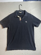 Burberry Brit Polo Shirt Men  s L Black Motif Nova Check Placket Embroidered Flaw