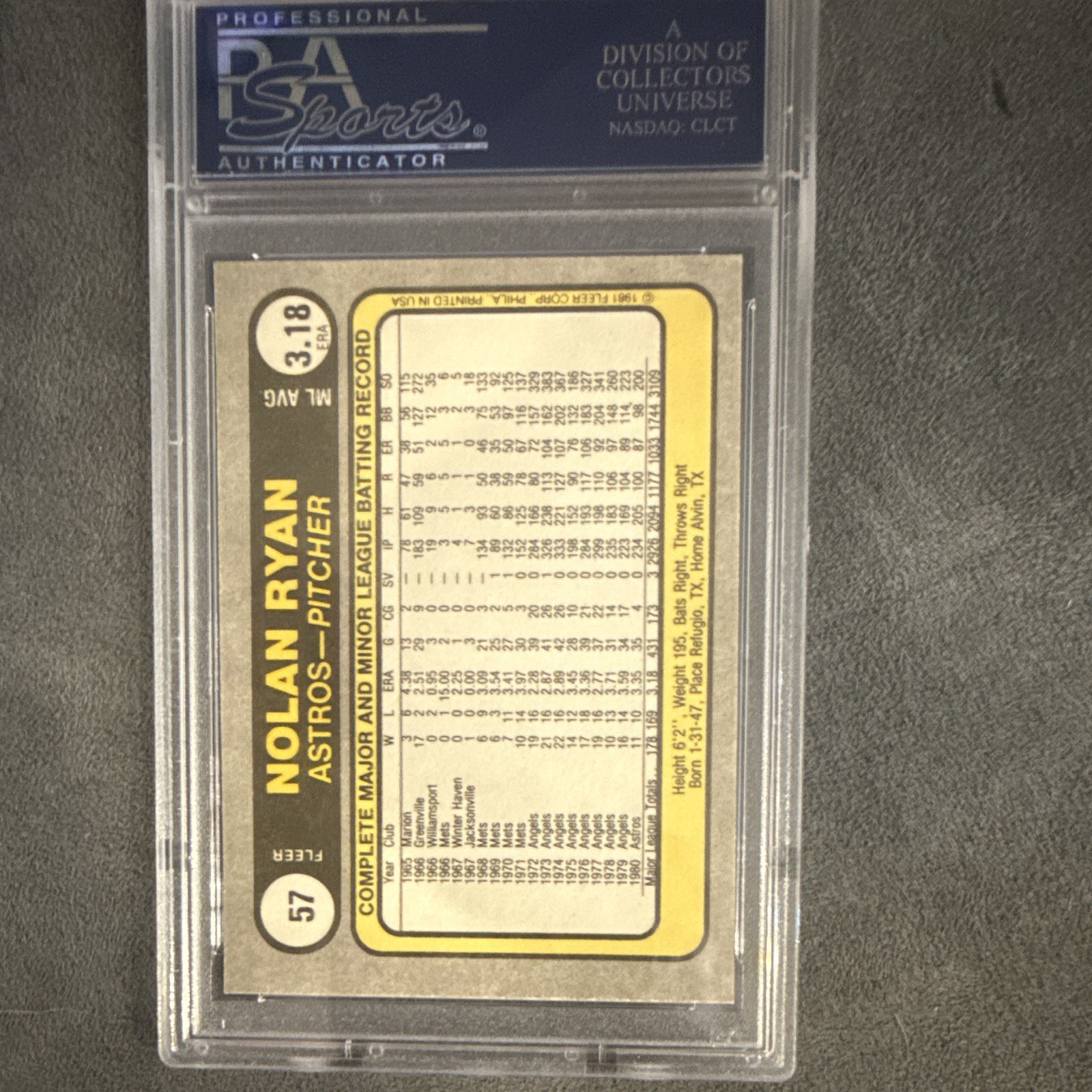 Fleer 1981 Nolan Ryan #57 Graded Base Set Base Parallel Houston Astros Baseball view 3