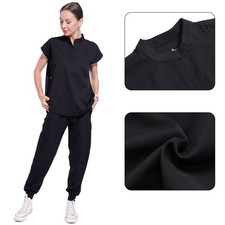 Stand Collar Women Nurse Uniform Suit Medical Scrubs Top and Pants Doctor Black