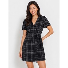 Forever 21 Black White Windowpane Plaid Wrap Mini Dress Short Sleeve Size L NEW