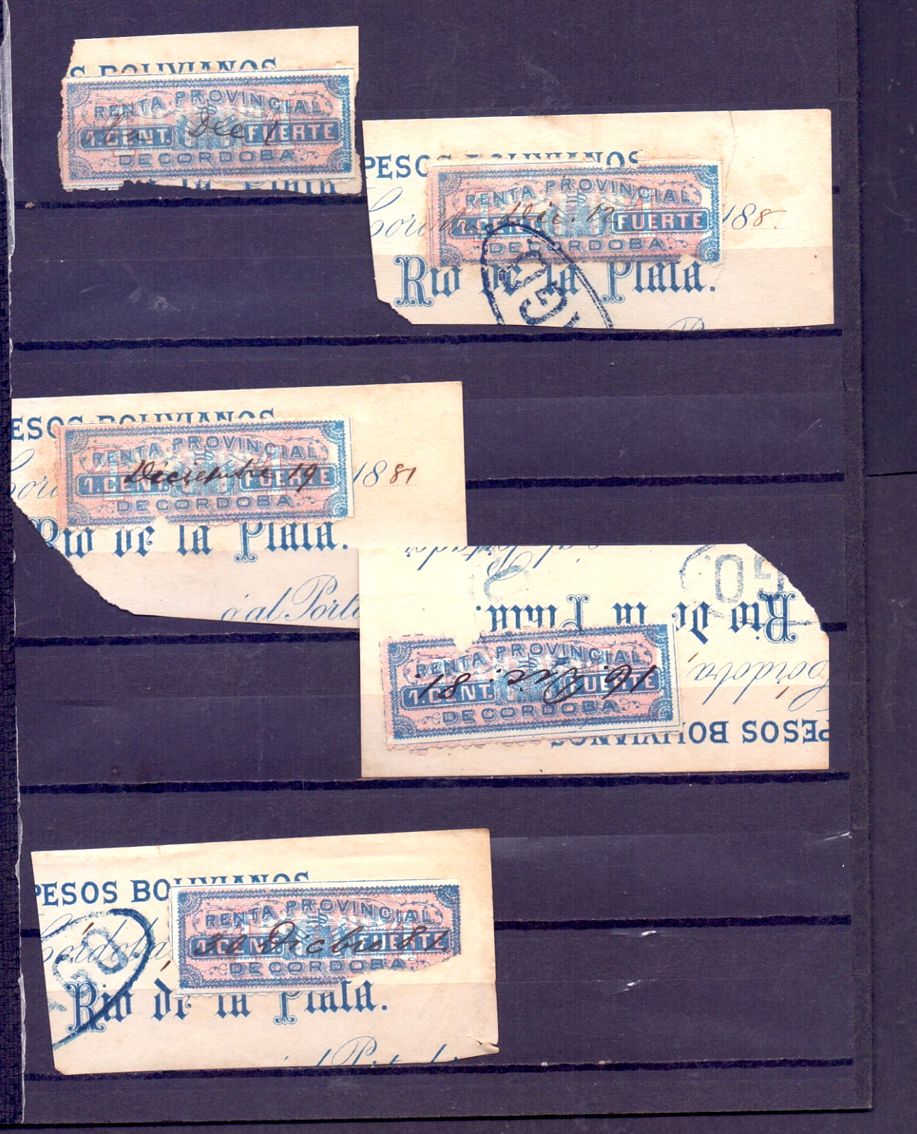 Argentina  10 Fiscal stamps Postal revenue from Cordoba   Fortian 1 in fragment