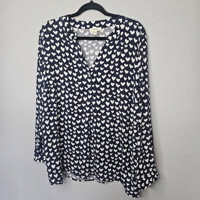 Como Blu Tunic Top Womens Shirt 1X Blue Hearts Blouse Cute Office Rayon *SNAG*