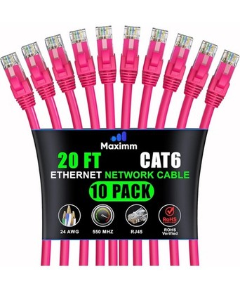 Cat6 Ethernet Cable 20 ft 10-Pack Pink High-Speed LAN UTP 10Gbps 550MHz
