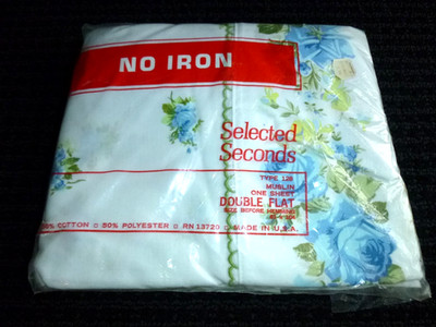 NOS Vtg 70s Selected Seconds Spring Mills Double Flat Sheet Prelude Blue Roses