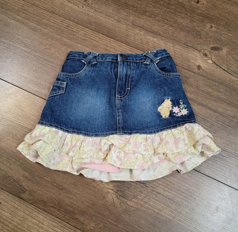 Classic Pooh Girls Skort Denim Floral Ruffle Elastic Waist Built-in Shorts 4T
