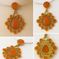 Vintage Napier Gold Tone Pendant Necklace Orange Resin Cabochons Retro Statement