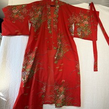 True Vintage Japanese Kimono Red Floral Polyester Long Lightweight Belt Lounge
