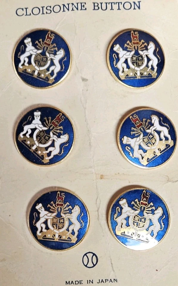 6 Antique Japanese Cloisonne UK Royal Coat of Arms Enameled Buttons on Orig Card - Image 2 of 4