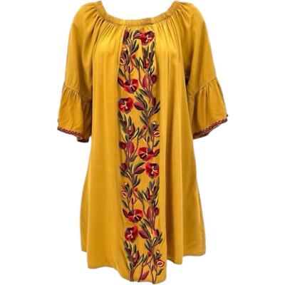 Solitaire Floral Embroidered Boho Shift Dress Flare 3/4 Sleeve Gold Size Medium