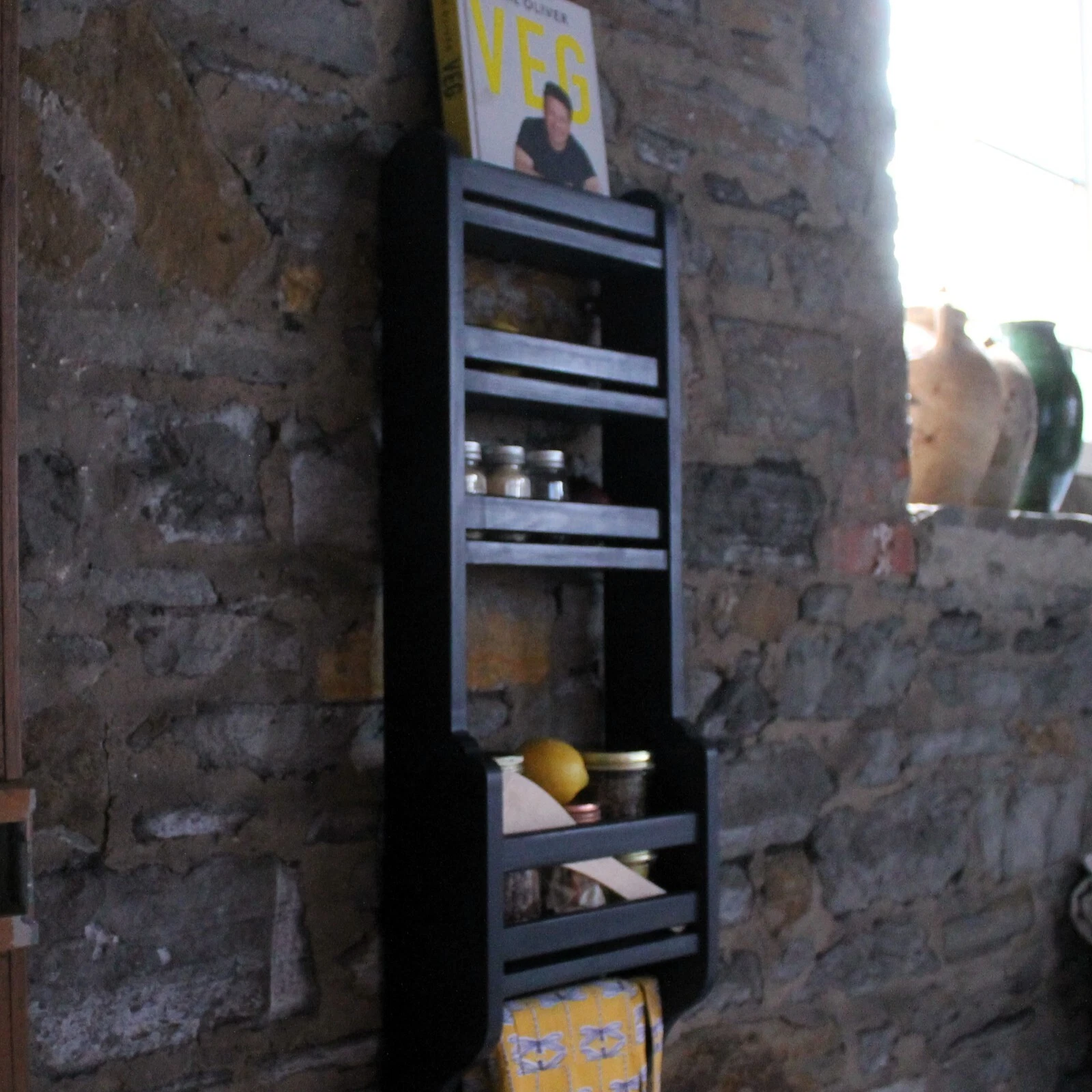 Spice Rack Black Kitchen Pantry Door Wooden Wall Shelf Larder Storage Rack