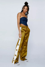 NASTY GAL / New Embroidered Star Taping Satin Ochre Wide Leg Skate Zip Pants / 6