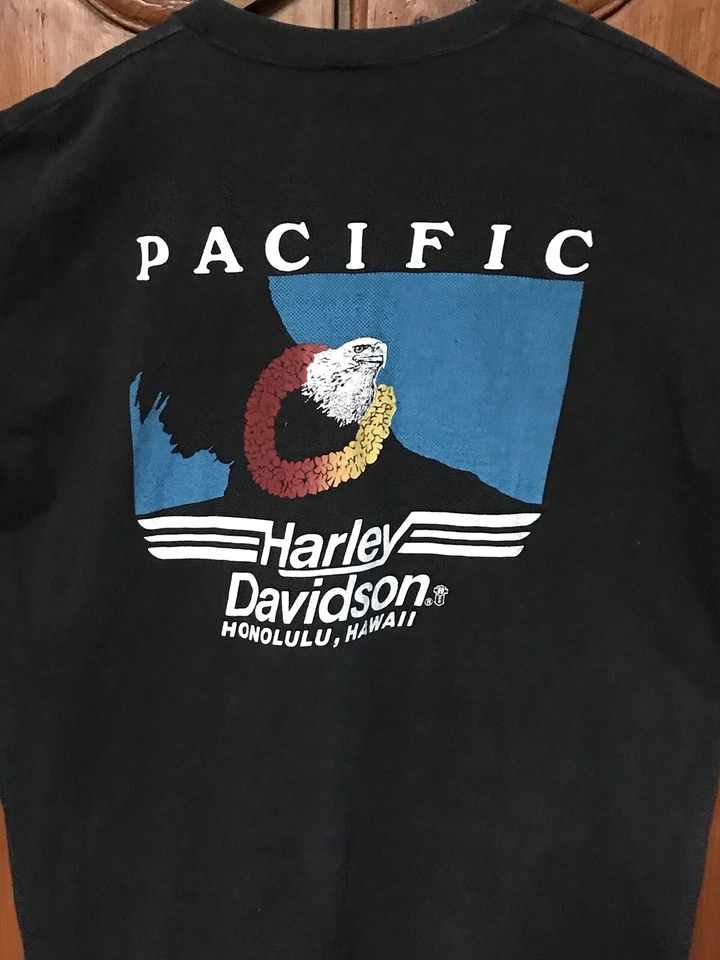 RARA CAMISETA DE COLECCIÓN AÑOS 80 Harley Davidson Hawaii Crazy para hombre grande negra Foto 2 de 4