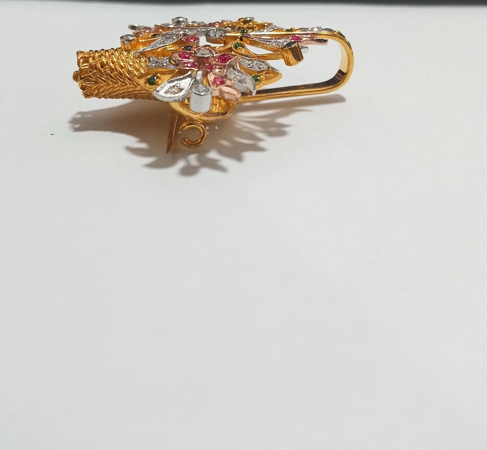 Lab Created Ruby 3Ct Round Cut Flower Basket Brooch Pin 14K Two Tone Gold Plated - Image 4 of 4