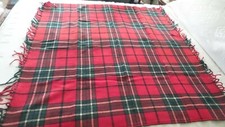 Antique Vintage Wool LAP, STADIUM BLANKET Red Plaid, Fringed, 50"x46"