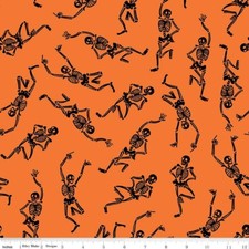 Yard Skeletons On Orange Halloween, Cotton 3.99 Ships ANY Amount Of Fabric