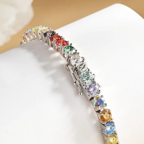 D VVS1 Rainbow Color Moissanite Tennis Bracelet Women Chain 925 Sterling Silver - Picture 10 of 16