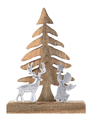 Holzfigur Weihnachtsbaum mit Hirsch u. Engel 20x27cm Weihnachtsdeko Mangoholz Al