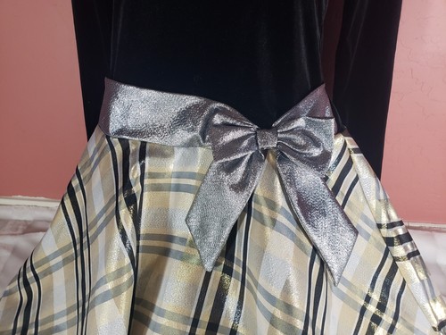 Bonnie Jean Girls Black Velvet Silver Bow Gold Plaid Holiday Dress Size 14 - Picture 2 of 16