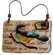 CHICKADEE Bird FUSED Art Glass WALL Window HANGING Graphics LEATHER STRAP EC