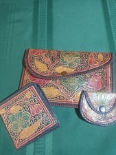 Vintage TOOLED LEATHER ENVELOPE Clutch Purse Bag ,Wallet and Coin Purse Set