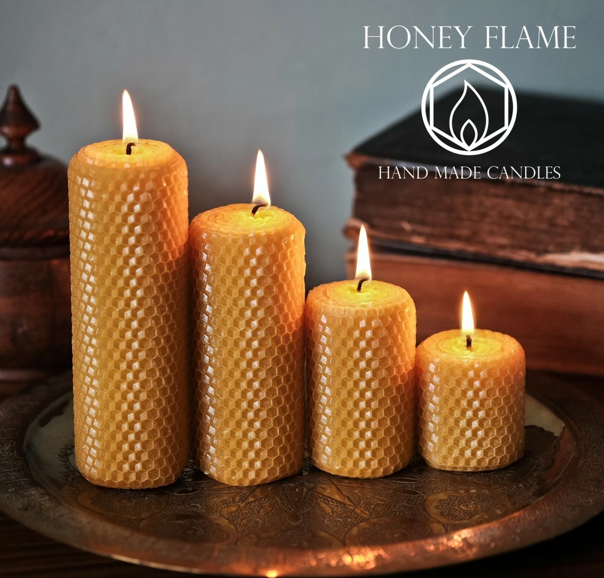 AUTUMN SALE 4 x Thick 100% PURE BEESWAX Pillar Candle Set~ 20cm x 5cm  STUNNING!