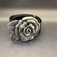 Vintage Black Leather Rose Flower Buckle Belt Embossed Floral Western Boho M