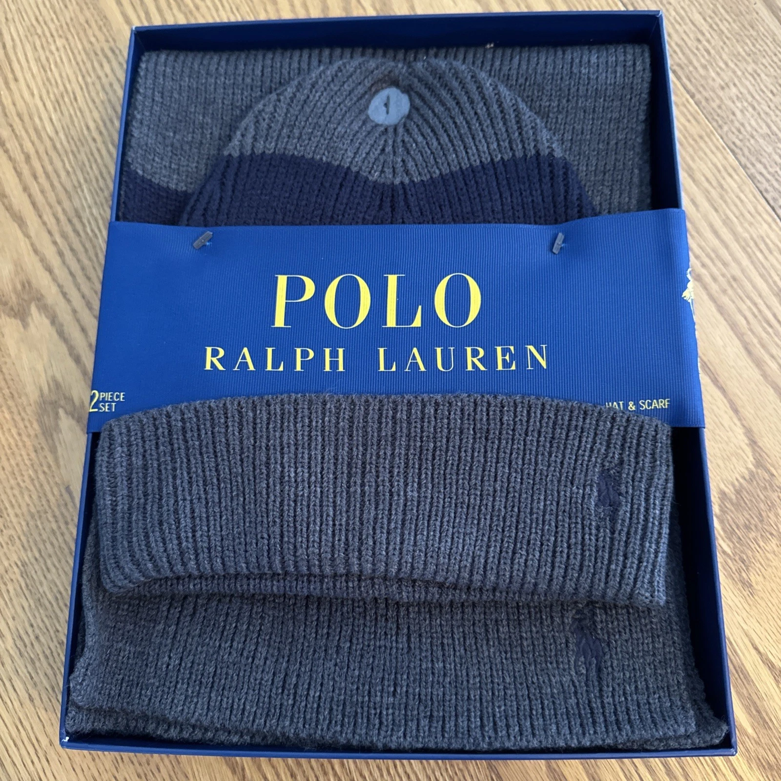 Polo Ralph Lauren Men's Hat & Scarf 2 Piece Gift Box Set Navy Grey PP0430 New